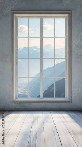 View from an old window showcasing rolling hills and mountains under a clear ...