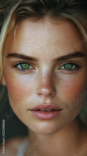 Stunning close-up of a young woman's face featuring vibrant green eyes and fr...