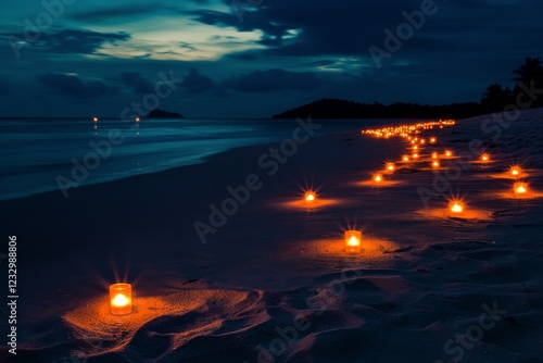 Candles illuminating a tranquil beach at twilight creating a serene atmosphere