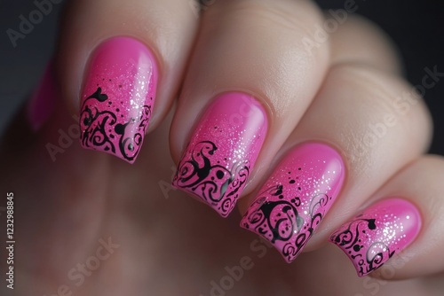 Vibrant pink nail art with intricate swirls displayed on a hand in a casual s...