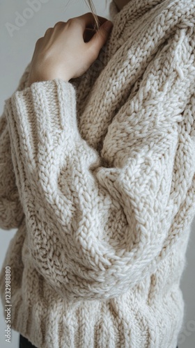 Textured knit sweater worn by a person holding a cup in a cozy indoor setting