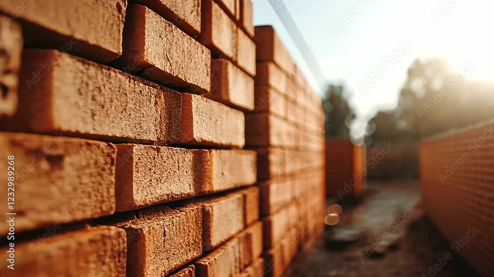A close-up of neatly stacked red clay bricks on a spotless construction site, showcasing their intricate texture and natural appeal under the soft sunlight. A close-up of neatly stacked red clay bricks on a spotless construction site, showcasing their intricate texture and natural appeal under the soft sunlight.