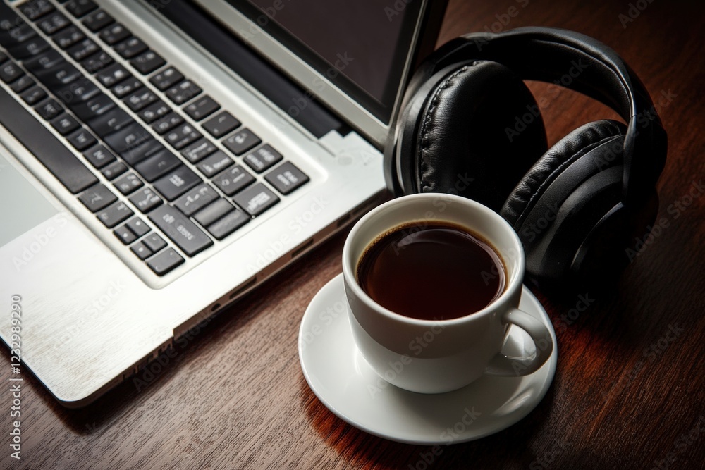 Quiet workspace featuring a laptop, headphones, and coffee on a tidy desk. Generative AI Quiet workspace featuring a laptop, headphones, and coffee on a tidy desk. Generative AI