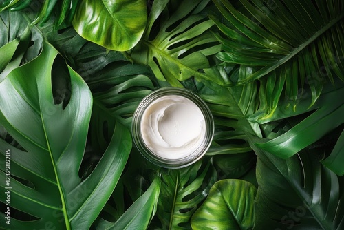 Luxurious cream in a glass jar surrounded by lush green leaves