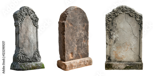 Antique gravestones set on a transparent background, featuring weathered stone surfaces with intricate carvings and aged textures. Historical and atmospheric. photo