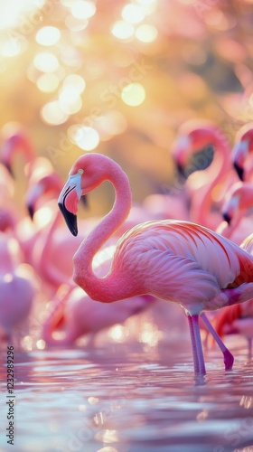 Vibrant flamingos wade through calm waters under blooming cherry blossoms at ...