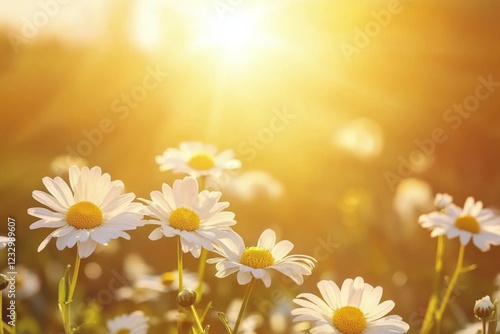 Bright sun shining over a field of daisies during golden hour