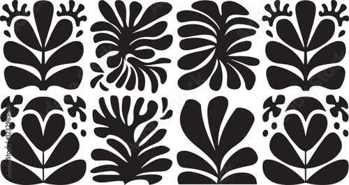 groovy floral botanical black background in trendy naive retro hippie 60s 70s style | Groovy abstract flower posters | Floral doodle patterns | silhouette abstract wavy flower | Vector in simple