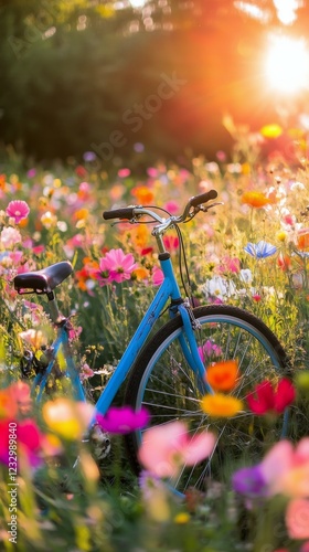 Bright blue bicycle parked in a colorful wildflower field during sunset