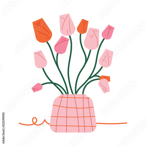 Pink and orange tulips in a contemporary vase. Spring flowers bouquet. Vector flat illustration isolated on white background.