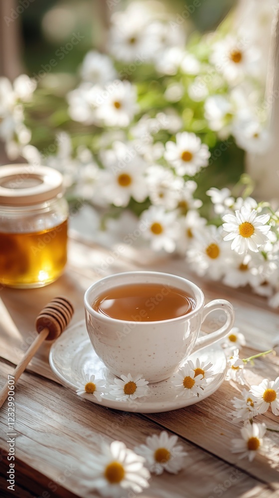 Warm chamomile tea with honey in a cozy rustic setting with flowers Warm chamomile tea with honey in a cozy rustic setting with flowers
