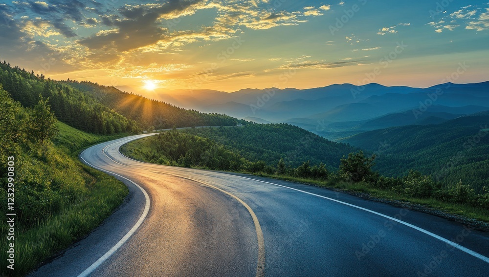 Naklejka premium Majestic Sunset Drive: Winding Road Through Mountain Ranges