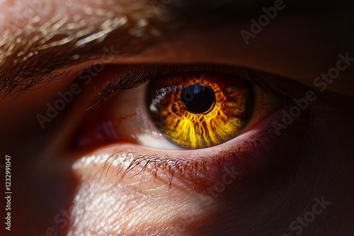 Macro shot of a mana??s rich golden-orange eye, showcasing glowing details and intricate textures within the iris, captured in photo