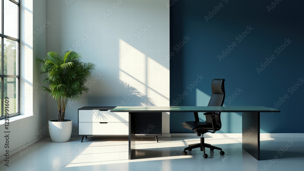 Fototapeta premium Office with Minimalist White Design, Blue Wall, and Fresh Greenery for a Calm Atmosphere