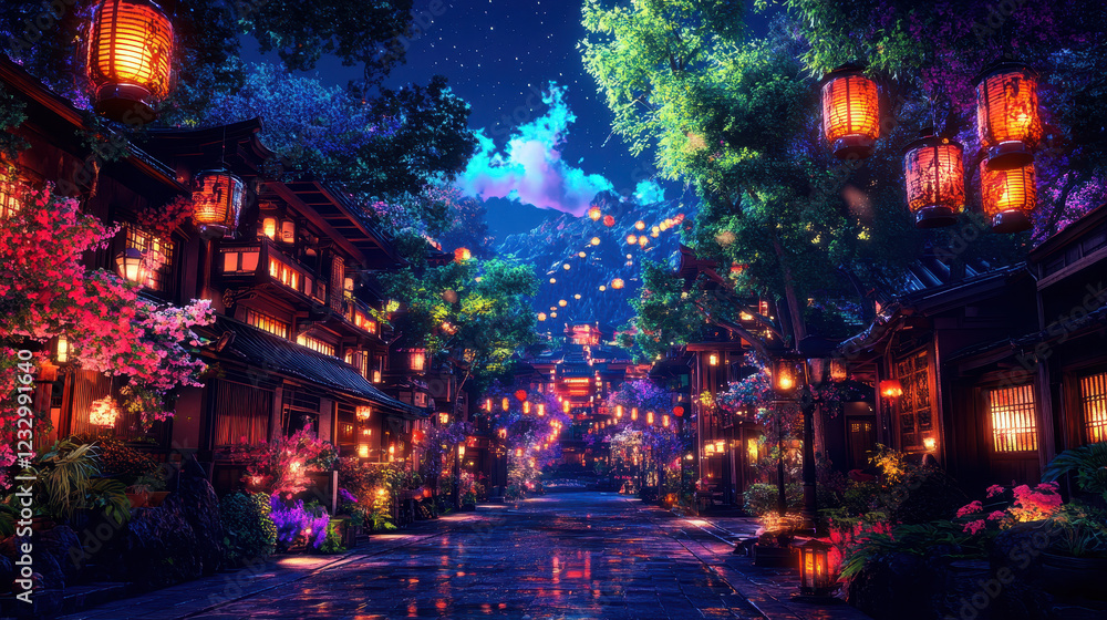Obraz premium Serene Nighttime Street in Vibrant Lantern-Lit Asian Village