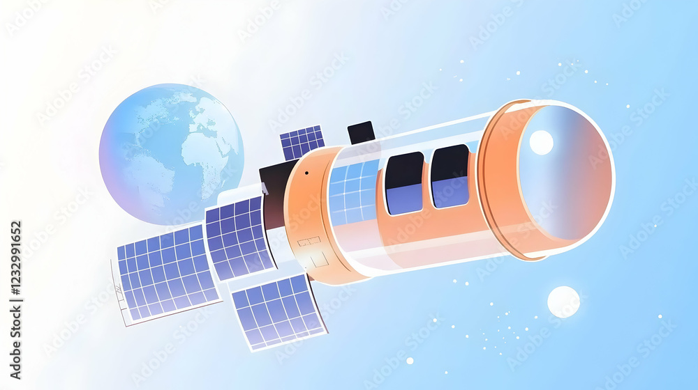 Fototapeta premium Spacecraft orbiting Earth with solar panels.