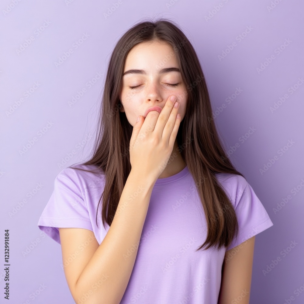 young woman yawning and covering her mouth with her hand young woman yawning and covering her mouth with her hand