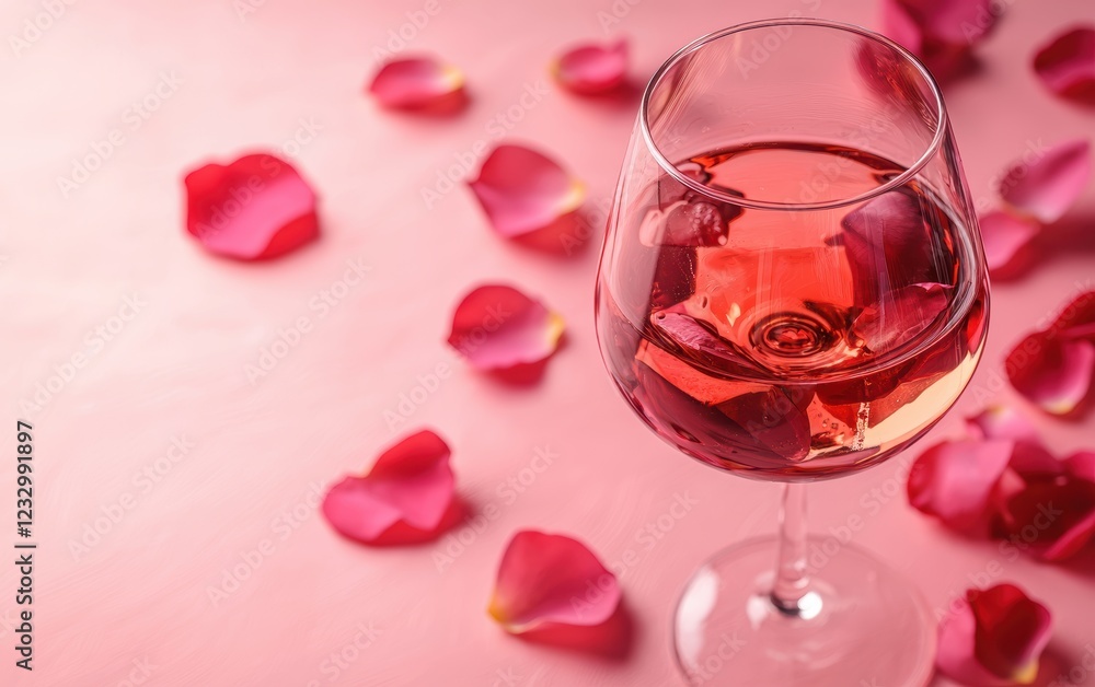A glass of rose wine with scattered rose petals on a soft pink background, romantic drink for Saint Valentines Day A glass of rose wine with scattered rose petals on a soft pink background, romantic drink for Saint Valentines Day