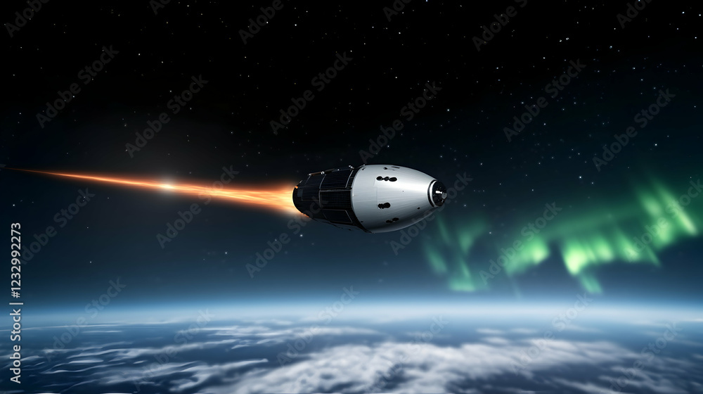 Fototapeta premium Spacecraft re-entry over Earth with aurora.