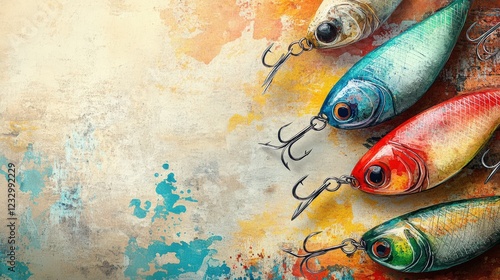 Colorful fishing lures arranged on a textured background, showcasing vibrant hues and artistic design photo