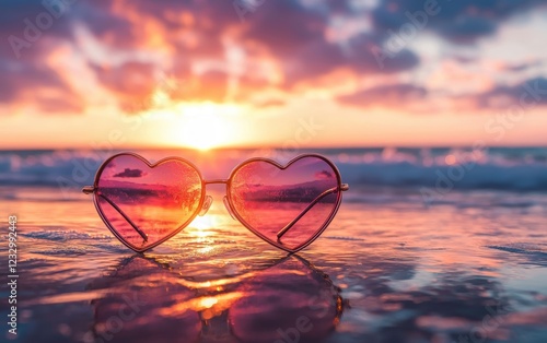Wallpaper Mural A pair of heart-shaped sunglasses reflecting a romantic sunset beach scene, stylish accessory for Saint Valentines Day Torontodigital.ca