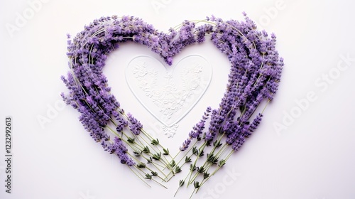 lavender heart, delicate sprigs of lavender known for their calmnes, beautifully arranged on pure white backdrop, romantic focus photo