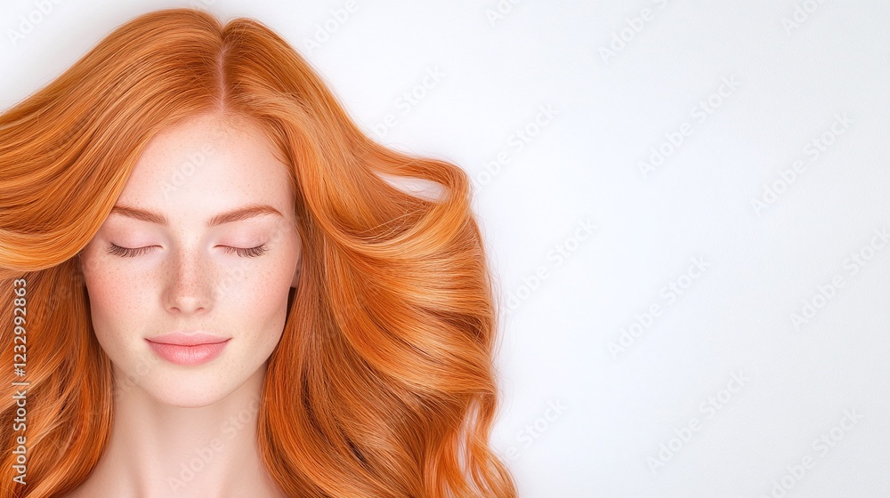 Naklejka premium Close-up of a woman with vibrant long red hair, eyes closed, minimalistic white background, glowing and serene, soft lighting, stylish and confident, natural beauty, fresh and radiant
