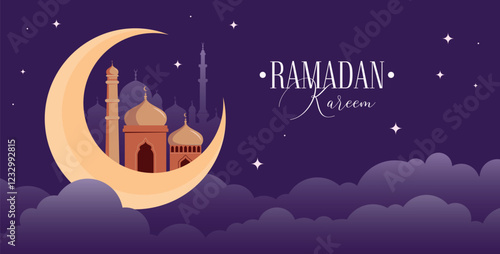 Ramadan Kareem Vector Greeting Card Template. Social Media Banner, Poster Ramadan Layout Crescent Moon, Fanoos, Mosque Dome, and Arches. Islamic background good for advertising, invitation or poster.