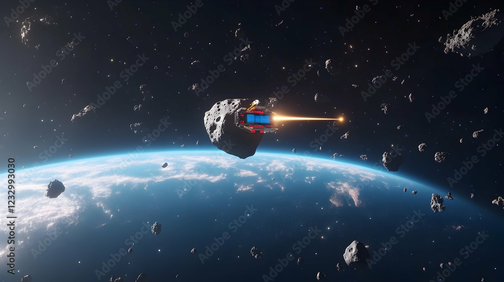 Naklejka premium Spaceship firing laser amidst asteroid field near Earth.