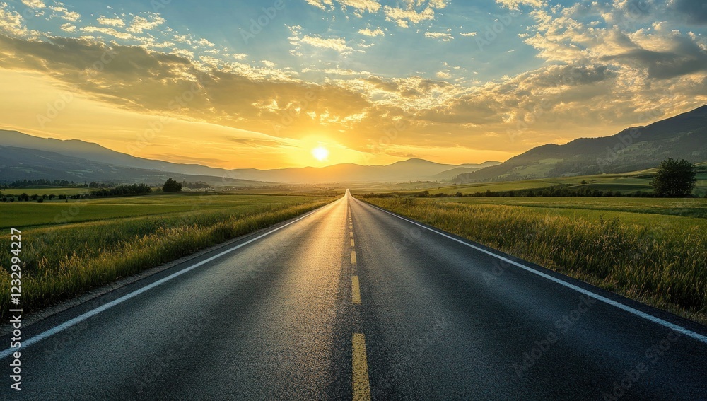 Naklejka premium Sunset Road Trip: Golden Hour on the Open Road