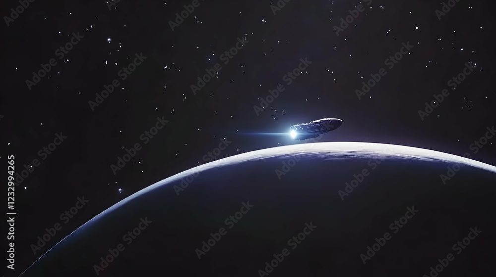 Fototapeta premium Spaceship orbiting a planet in outer space.