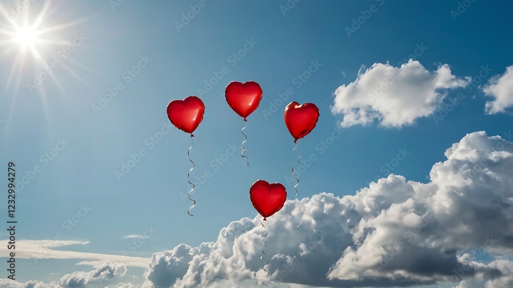 Fototapeta premium Heart-shaped balloon floating in the sky with a couple standing below.