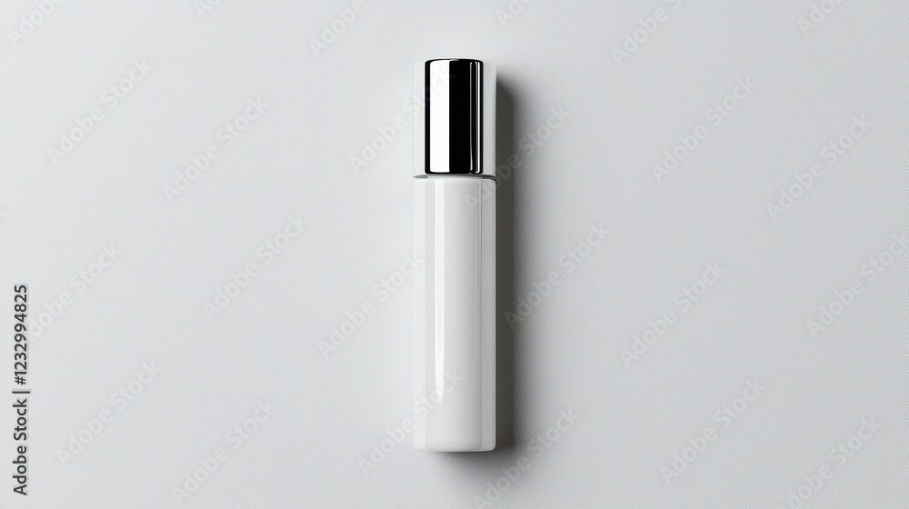 Elegant Minimalist White Bottle with Silver Cap on Gray Background Elegant Minimalist White Bottle with Silver Cap on Gray Background