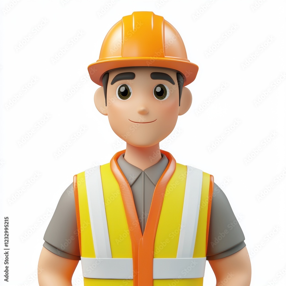 Construction worker wearing a hard hat and safety vest, centered on a clean white background Construction worker wearing a hard hat and safety vest, centered on a clean white background