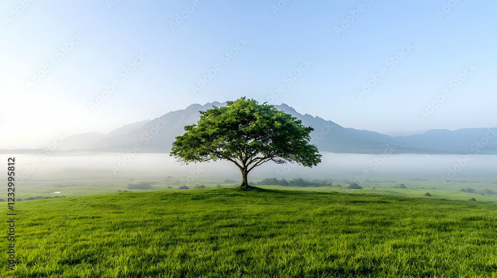 Solitary tree on grassy hill, misty mountains. Peaceful landscape, nature imagery Solitary tree on grassy hill, misty mountains. Peaceful landscape, nature imagery