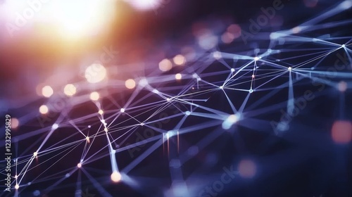 Polygonal shapes on a dark blue background portray an abstract futuristic technology design, reflecting a digital tech concept