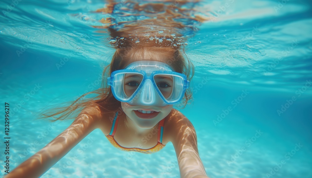 Naklejka premium Children Enjoying Underwater Adventures: Snorkeling, Swimming, And Exploring Marine Life In Exotic Island'S Coral Reefs During Summer Vacation.