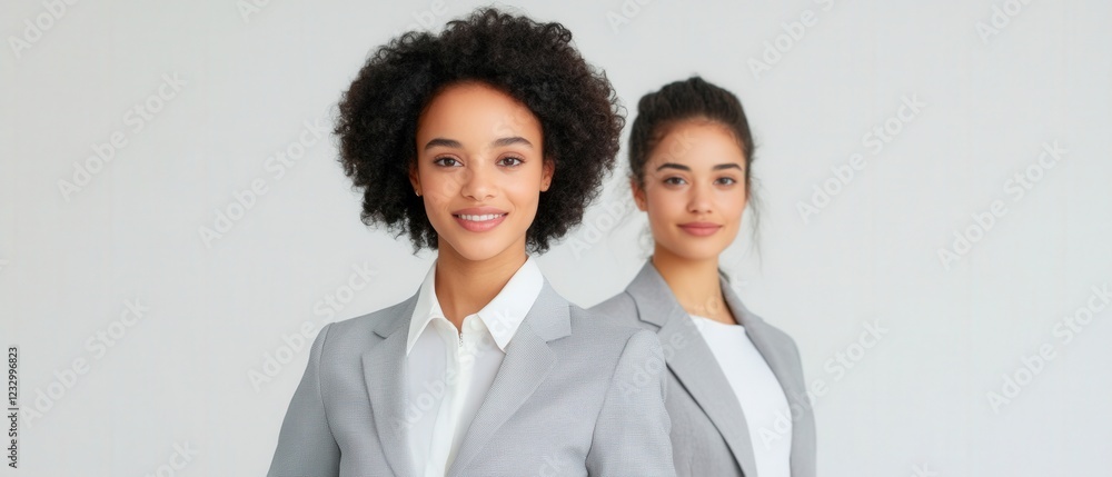confident businesswomen in gray suits smiling on a white background confident businesswomen in gray suits smiling on a white background