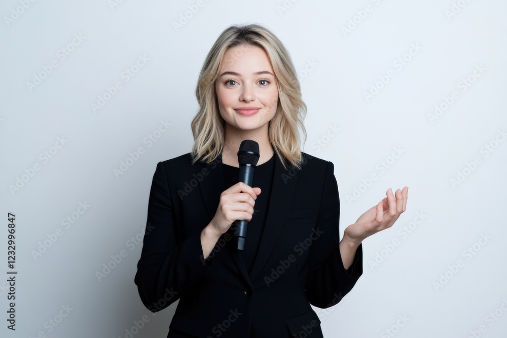 young businesswoman giving a presentation with a microphone young businesswoman giving a presentation with a microphone