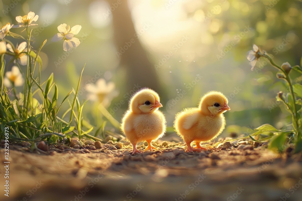 Baby chicks exploring under a warm spring sun Baby chicks exploring under a warm spring sun