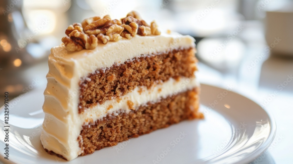 A slice of classic carrot cake with rich cream cheese frosting and a garnish of toasted walnuts, placed on a plain white plate, Slice centered with a slightly angled view A slice of classic carrot cake with rich cream cheese frosting and a garnish of toasted walnuts, placed on a plain white plate, Slice centered with a slightly angled view