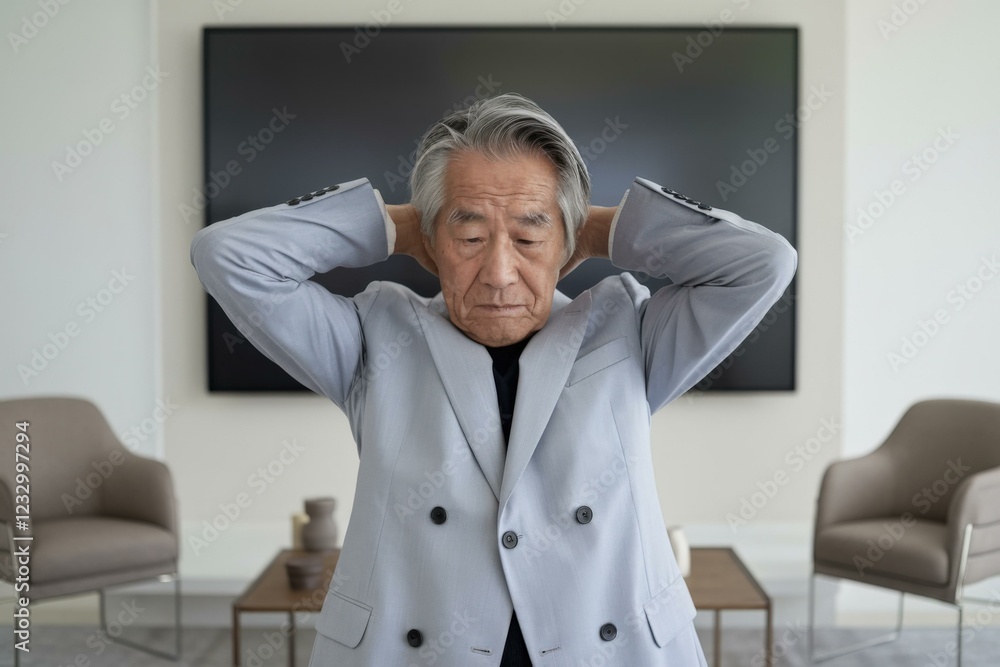 Fototapeta premium Elderly Asian Man Gray Suit Practicing Mindfulness Modern Interior