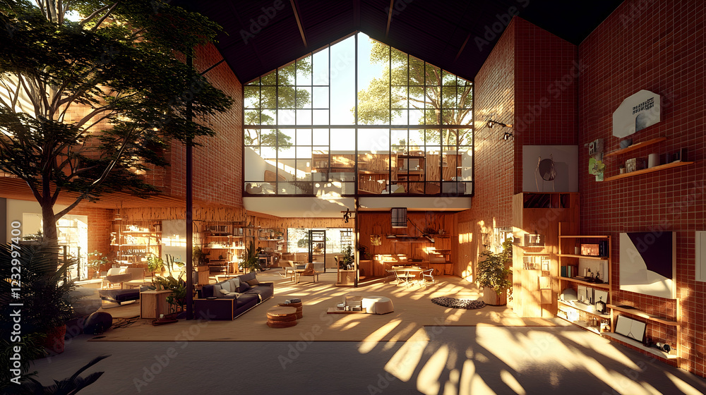 Sunlit modern home interior with large windows, plants, and open floor plan. Sunlit modern home interior with large windows, plants, and open floor plan.