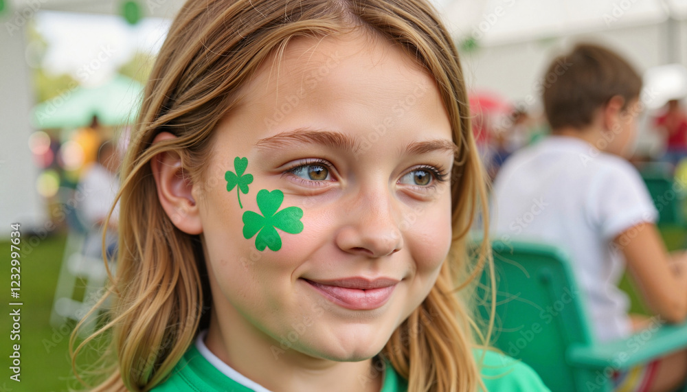 Smiling child with shamrock face paint at outdoor carnival, St. Patrick's Day Smiling child with shamrock face paint at outdoor carnival, St. Patrick's Day