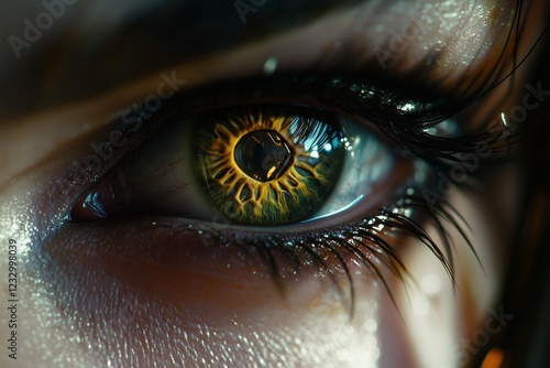 Macro shot of a womana??s intense greenish-gold eye, with radiant veins and sharp iris patterns, captured in ultra HD photo