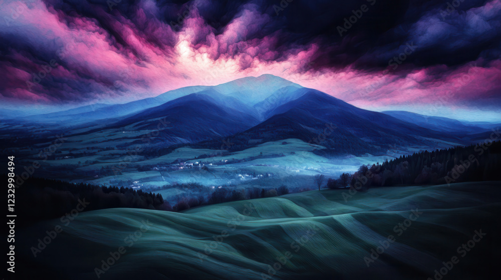 Fototapeta premium Majestic Mountain Landscape with Dramatic Sky and Rolling Hills