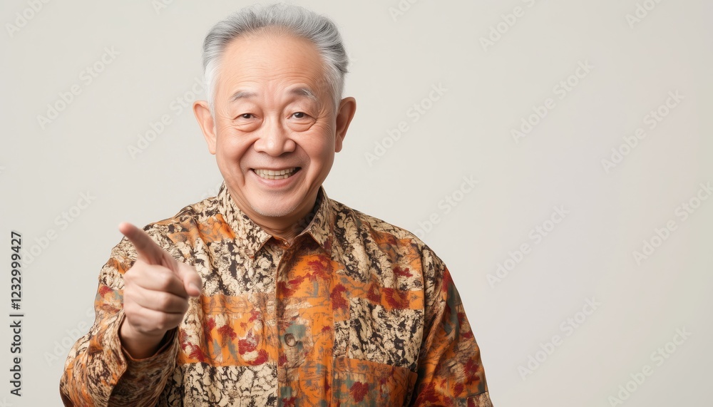 Elderly Asian Man Smiling And Pointing To Empty White Space - Concept Of Copy Space And Advertising For Seniors. Elderly Asian Man Smiling And Pointing To Empty White Space - Concept Of Copy Space And Advertising For Seniors.