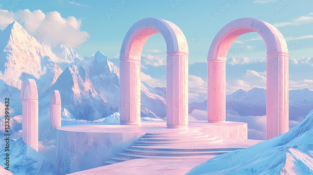 Fototapeta premium Pastel paradise: a serene backdrop of snow-capped mountain peaks sets the stage for a trio of pastel-hued archways and cylindrical platforms. Serene Archway. Illustration