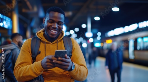 Smiling man texting at night train station