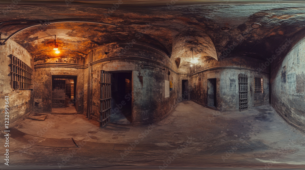 Obraz premium 360 spherical paborama view of dark industrial style prison building interior hallway basement 3d render illustration hdri hdr style